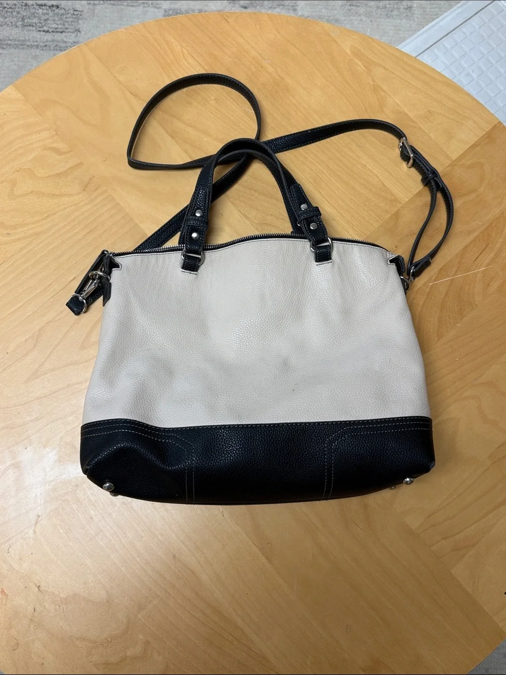 Nine West Black and Cream Two-Tone Faux Leather Pebbled Tote Bag